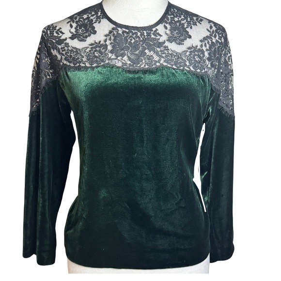 Sandro Paris Emerald Green Velvet Blouse S Silk Blend Black Lace Fairy Grunge - Picture 1 of 11